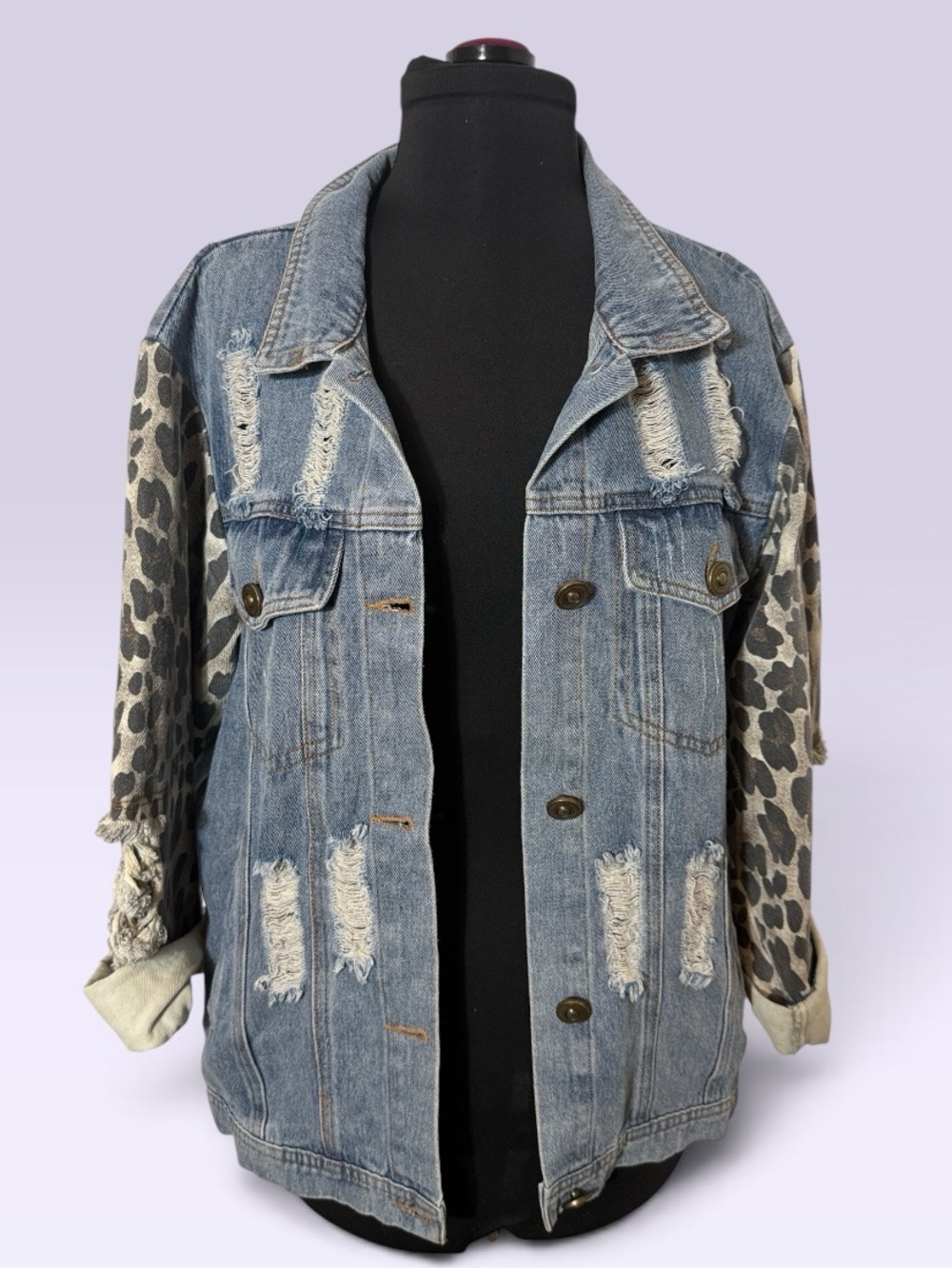 MACARON Light Blue Distressed Denim Jacket with Leopard-Print Sleeves